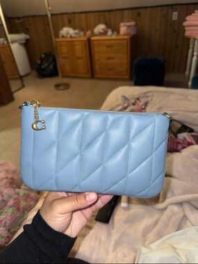 Quilted Light Blue Leather Wristlet Clutch